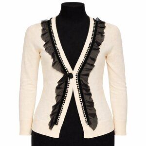 Nanette Lepore Cream Cardigan with Black Ruffle Trim